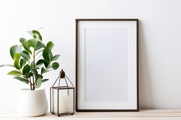 Mock up of home interior with metal frame, plant, and lamp on white wall background. Generative AI