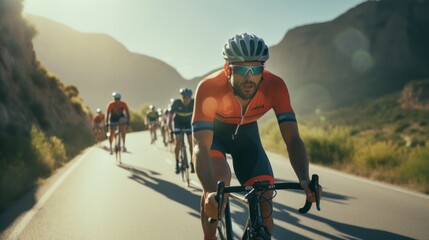 A vibrant and engaging photo showcasing athletes participating in an road bike sport event, Cyclist cycling down a hill in the forrest. View from the side. Trees in the background and foreground - obrazy, fototapety, plakaty