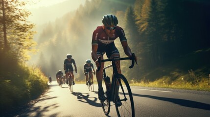 A vibrant and engaging photo showcasing athletes participating in an road bike sport event, Cyclist cycling down a hill in the forrest. View from the side. Trees in the background and foreground - Powered by Adobe