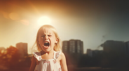 Cute angry child. Attention deficit hyperactivity disorder (ADHD) Concept.Angry boy or girl screaming,upset, sad, negative attitude.Stressed child, Kid with bad behavior stubborn.mental health.Autism  - obrazy, fototapety, plakaty