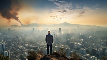 The elderly man wears a mask to protect himself from the harmful dust, smoke, and pollution that is present on the deteriorating high-rise building overlooking the panoramic view of the city.