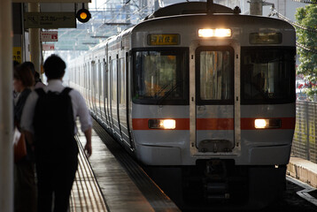 通勤帯の駅のホームの人々の姿と電車の風景