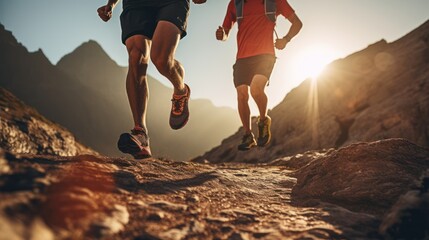 Running on a rocky trail, a close - up of a person's legs, detail of the shoe hitting the ground uphill. Healthy exercise concept. - Powered by Adobe