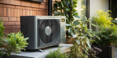 Energie effiziente Wärmepumpe am Haus im Garten im Querformat, ai generativ - obrazy, fototapety, plakaty