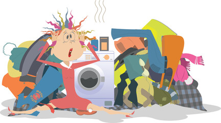 Young woman, dirty laundry and washing machine. Cartoon young woman with sitting near washing machine and big pile of dirty laundry - obrazy, fototapety, plakaty