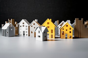 Row of miniature houses in various colors. Generative ai