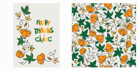 Fototapeta na wymiar Set of Happy Thanksgiving card and pattern for holiday packaging, home decor and textiles. Cozy holiday design with country house, pumpkins, autumn leaves on blue background