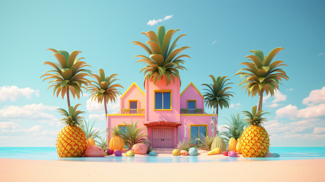Pineapple house in the beach 3D illustration summer
