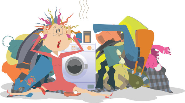 Young woman, dirty laundry and washing machine. Cartoon young woman with sitting near washing machine and big pile of dirty laundry
