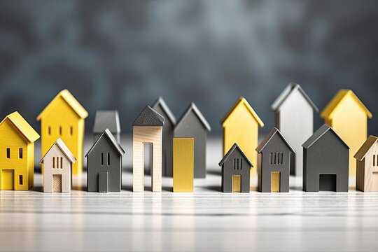 Row of miniature houses in various colors. Generative ai