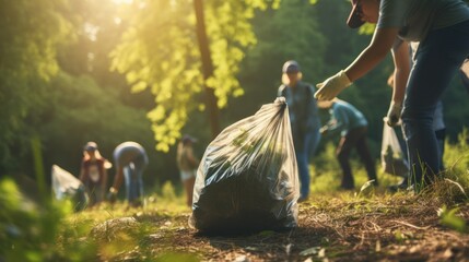 The volunteer group is working together to collect garbage in the public park for a better...