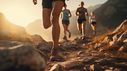 Running on a rocky trail, a close - up of a person's legs, detail of the shoe hitting the ground uphill. Healthy exercise concept.