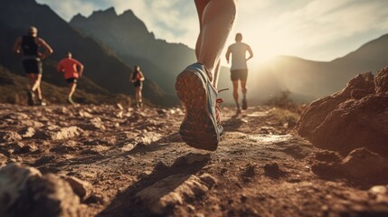 Running on a rocky trail, a close - up of a person's legs, detail of the shoe hitting the ground uphill. Healthy exercise concept. - obrazy, fototapety, plakaty