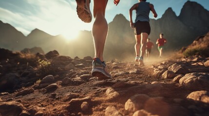 Running on a rocky trail, a close - up of a person's legs, detail of the shoe hitting the ground uphill. Healthy exercise concept. - obrazy, fototapety, plakaty