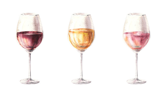 Watercolour set with drinks. Glasses with white, red and rose wine. Isolated illustration on white background. Drinking set for winemaking adverts, wine list, bar, restaurant menu, stickers or print.