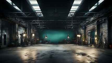 Empty Commercial photo studio with lighting equipment. Interior of modern photo studio with professional equipment.