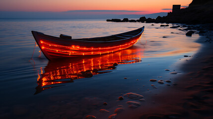 photograph of a beach, focal point is a red neon glowing boat, light painting outline long shot...