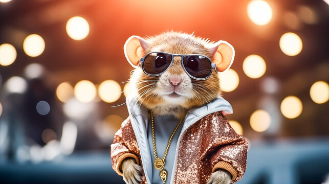 Cute little rat with microphone on bokeh background, studio shot. A stylish little white rat in a pink coat with a microphone on the stage.