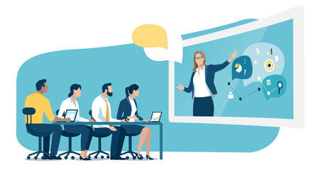 Teleconference. Network communication. The team works over a network. Business vector illustration.
