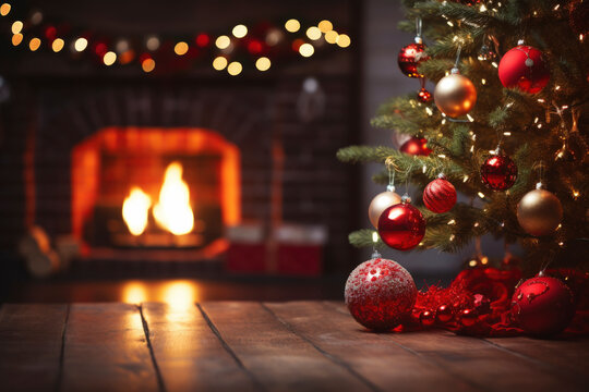 New Years Christmas festive background with burning fireplace. Christmas tree. Decorations, red gold balls and glowing bulbs on the tree.