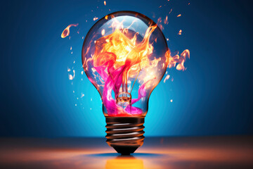 Creative light bulb explosion with splashes of yellow, blue and pink paint on a black background. Think differently, creative idea. - obrazy, fototapety, plakaty