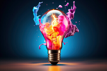 Creative light bulb explosion with splashes of yellow, blue and pink paint on a black background. Think differently, creative idea.