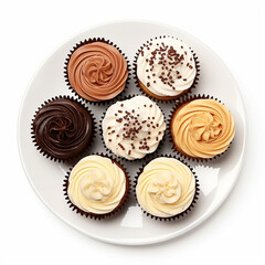 Different flavor cupcakes on plate top view with isolated white background - ai generative - obrazy, fototapety, plakaty