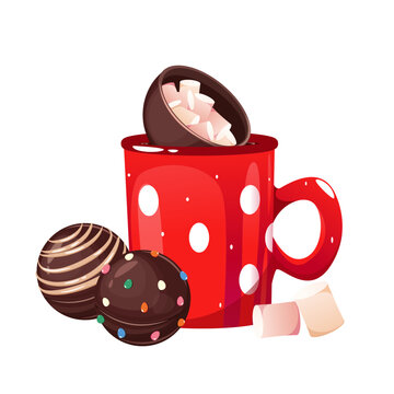 A mug of hot milk with a chocolate bomb. Cocoa bombs made of chocolate with marshmallows.