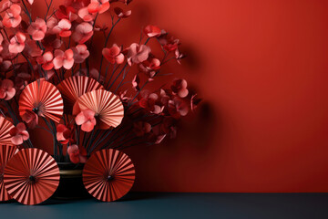 Lucky Chinese new year red background decoration with cherry blossom flower and paper fan