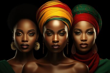 Three African women with headscarves in yellow, green, and red, ideal for Black History Month or International Women's Day, - obrazy, fototapety, plakaty