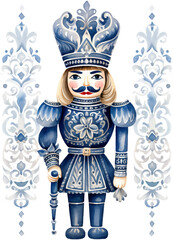 Watercolor Christmas Blue Nutcracker, Isolated