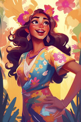 Illustration of a South American girl in her colourful clothes smiling with a pink flower in her brown hair. Concept of summer, tropical, happiness.