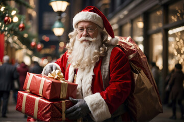 Santa Claus carrying bags filled with beautifully wrapped presents, perfect for holiday season retail and gifting promotions. Generative Ai - Powered by Adobe