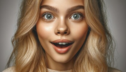 Naklejka premium Close-up photo of a blonde woman's face with high clarity and sharpness, capturing her astonished reaction.