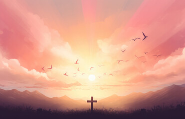 Christian cross with birds flying around it in the sky - obrazy, fototapety, plakaty