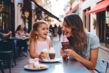 Happy mother and daughter having fun time together and eating ice cream in pastry shop outside.