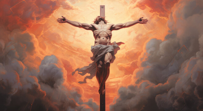 Image of Jesus Christ on cross with dramatic sky in the background