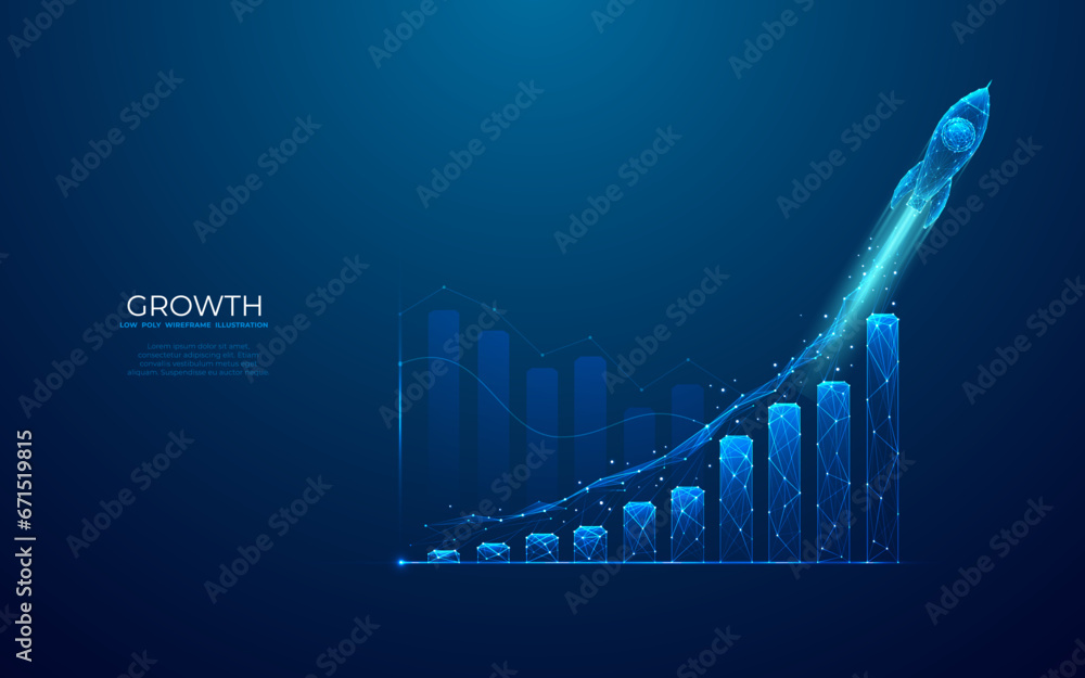 Aufkleber Abstract growth graph chart with launch rocket on technology blue background. Startup and success business concept. Boost metaphor in futuristic light blue style. Low poly digital vector illustration.