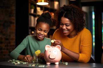 Smiling african american mother helping daughter putting money in piggy bank. Cute little black girl saving money by adding a coin in piggy bank with mother at home. - obrazy, fototapety, plakaty