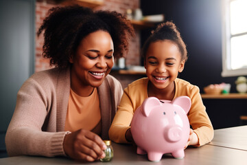 Happy excited Black mother with piggybank. African American mom teaching kid to save, invest money, collecting coins in piggy bank. Family savings, financial education concept