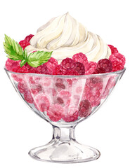 Ripe raspberries in a dessert glass and a beautiful peak of whipped cream on top. Watercolor illustration. Refreshing summer dessert, frozen yogurt and berries, mint. clipart for cafe, restaurant menu