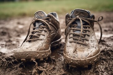 Detailed view of two sports shoes on a muddy soccer field, highlighting their durability and traction. Generative AI