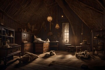 An eerie, vintage-style illustration of a child huddled in a dimly lit, cobweb-filled attic