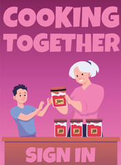 Poster or vertical banner with grandma and child boy cooking jam