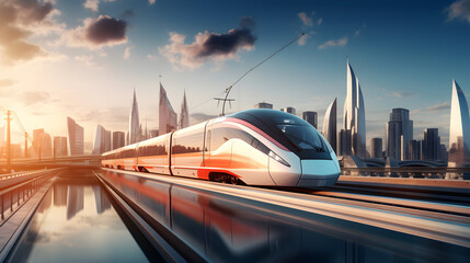 high speed train in modern and luxury city, against skyscrapper city skyline