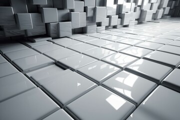 Polished square tiles on a 3D background with futuristic white blocks. Generative AI