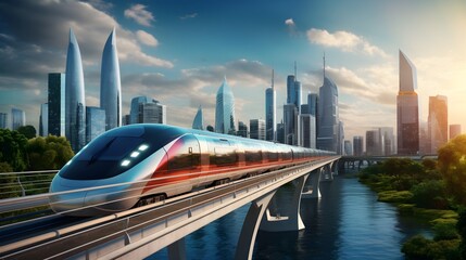 high speed train in modern and luxury city, against skyscrapper city skyline - obrazy, fototapety, plakaty