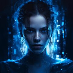 Beautiful woman portrait with blue lights visual effects