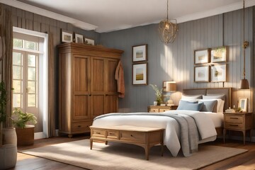A cozy, cottage-style bedroom with 3D rendering, featuring a charming closet and cabinet design, capturing the warmth of a country home