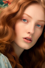 Naklejka premium Natural beauty, Young redhead woman with long healthy shiny wavy hair, close up beauty portrait